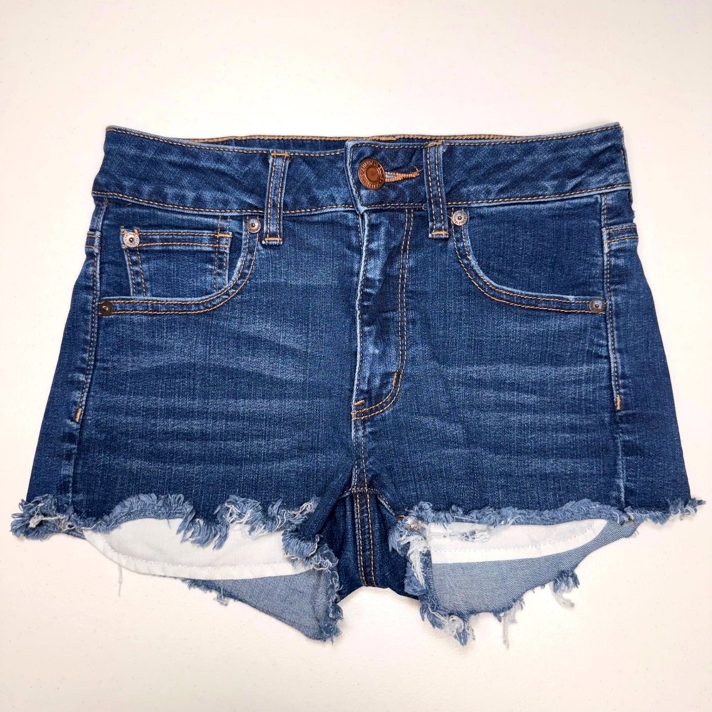 American Eagle Hi-Rise Shortie Dark Wash Frayed Denim Cutoff Shorts Size 2